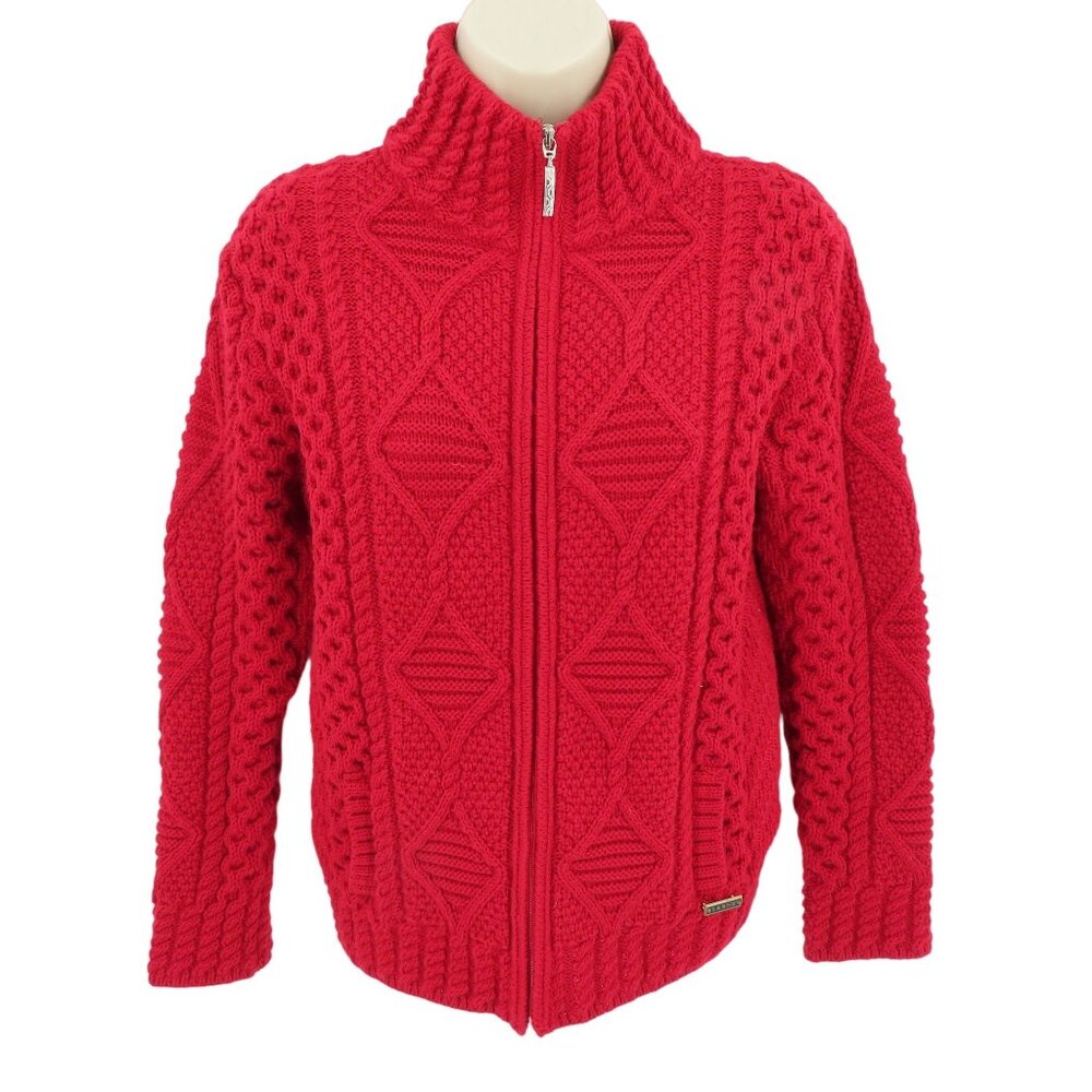 Blarney Aran Originals Womens XS Extra Small Red Wool Chunky Knit Zip Sweater